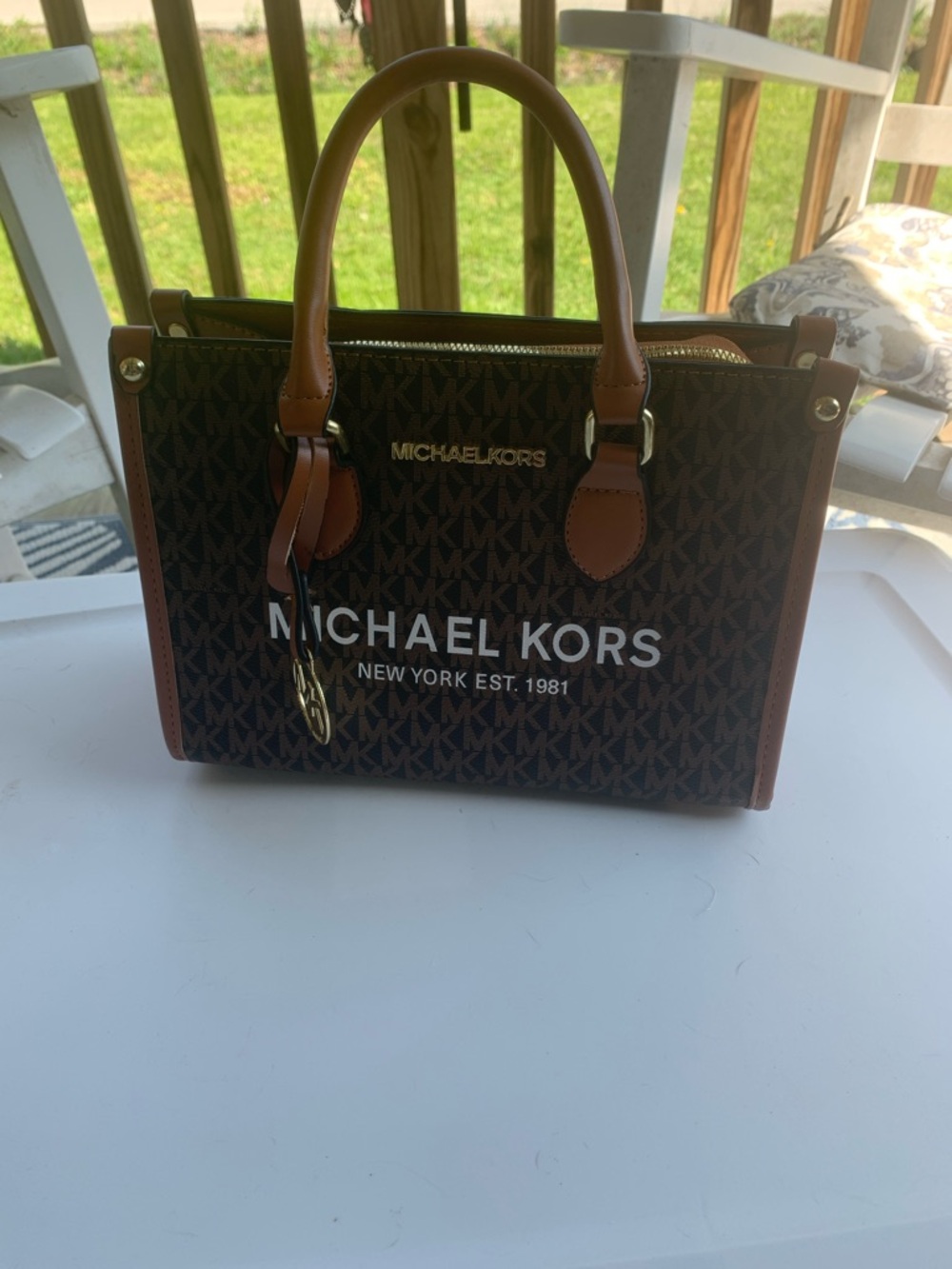 Michael Kors Brown and Tan Logo Satchel with Gold Hardware